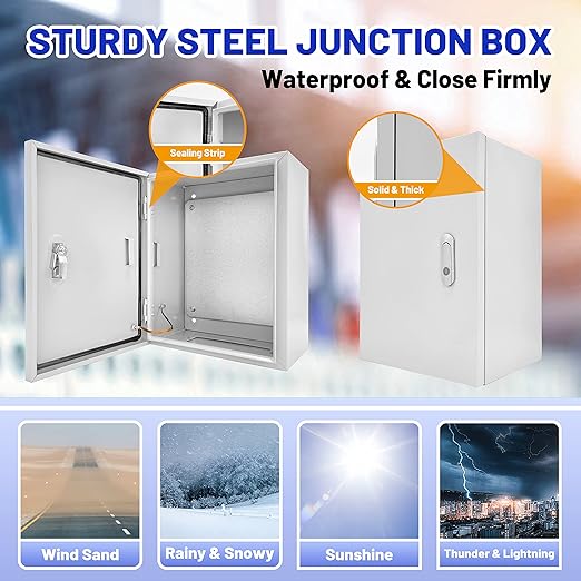 Outdoor Electrical Box 16 x 12 x 8”D NEMA 4X Enclosure Steel Box, Waterproof & Dustproof Outdoor/Indoor Lockable Electrical Junction Box, with Mounting Plate