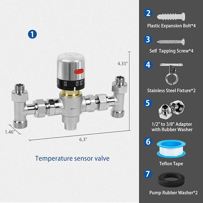 WASSERMANN Adjustable Temperature Sensor Valve for Instant Hot Water Recirculating System，304 Stainless Steel Bypass Sensor Valve Replacement for the Plastic