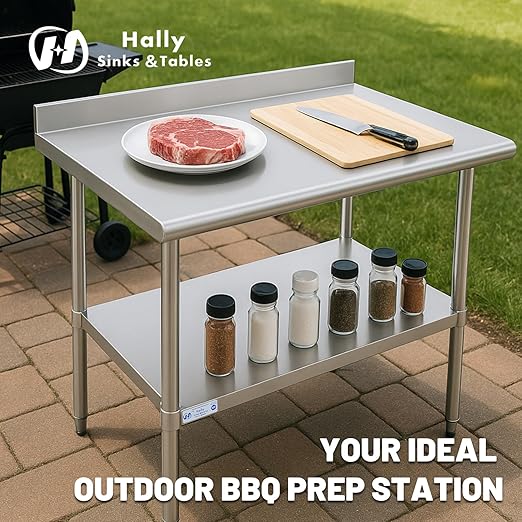 Hally Stainless Steel Table for Prep & Work 30 x 48 Inches, NSF Commercial Heavy Duty Table with Undershelf and Backsplash for Restaurant, Home and Hotel