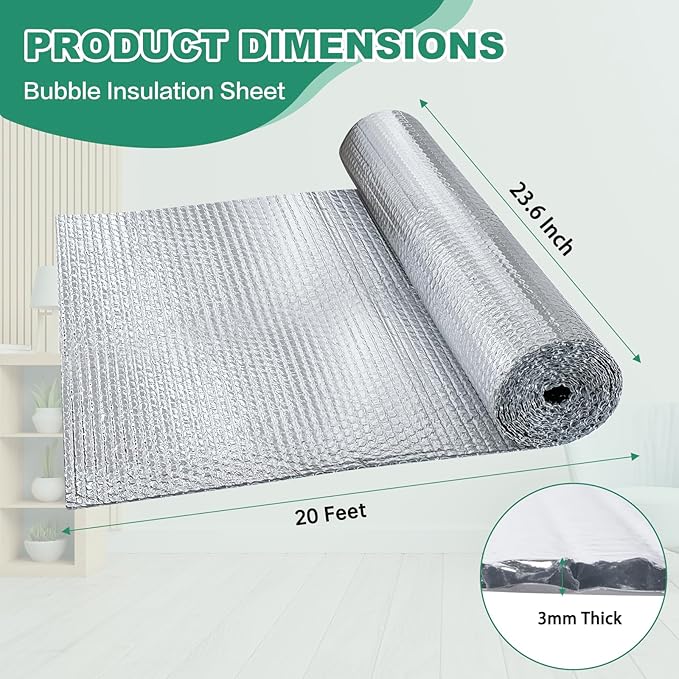 Reflective Bubble Insulation Sheet, Double Side Aluminum Foil Bubble Shield, Aluminum Foil Thermal Insulation Radiant Barrier for Windows, RV, Roof, Garage Door (23.6IN X 20FT)
