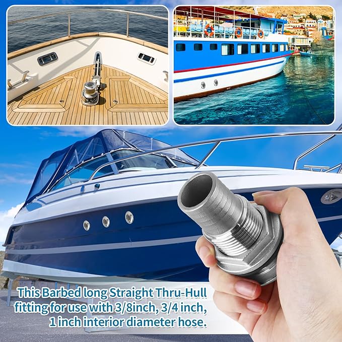 Thru Hull Fittings for Boats, Stainless Steel Yacht Through Hull Connecter with Straight Barb, Marine Barbed Hose Skin Fitting Drain for 3/4 inch I.D. Hose, 1 inch I.D. Hose