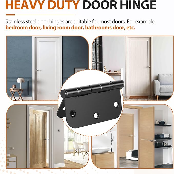 3.5 Inch Ball Bearing Door Hinges, 3-Pack Matte Black Heavy Duty Stainless Steel, 5/8" Radius Corner, Non-Removable Pin for Smooth Quiet Operation - Commercial Grade for Interior/Exterior Doors