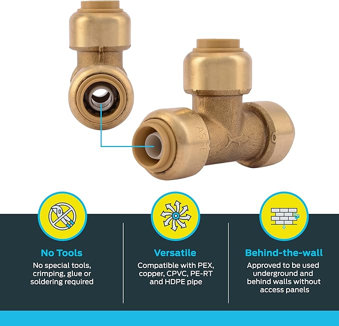SharkBite 3/8 Inch (1/2 Inch OD) Tee, Push to Connect Brass Plumbing Fitting, PEX Pipe, Copper, CPVC, PE-RT, HDPE, U360LFA