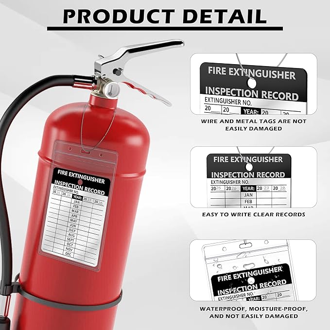 50 Pcs Fire Extinguisher Inspection Tag Waterproof Plastic Cover 2.67 x 4.53 Inch Service Record Tags Durable Aluminum Metal Tags Tamper Seal with Iron Wire Resealable for Indoor and Outdoor (50)