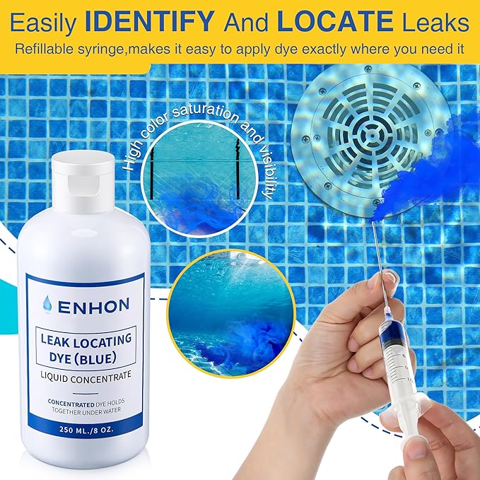 Enhon Pool Leak Detection Dye Kit, 8 oz Blue Dye with Precision Applicators, Easily Locates Leaks in All Pools, Spas, Hot Tubs, Long Lasting Formula, 40+ Refills