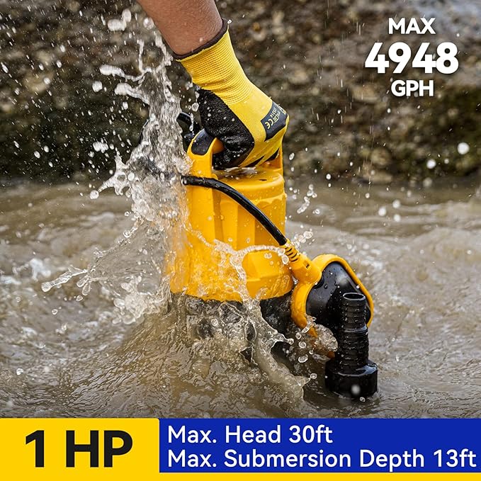 Acquaer 1HP Sump Pump 4948GPH Submersible Drain Pump with Automatic Float Switch, Remove Clean/Dirty Water for Basement, Hot Tub, Pools, Garden Pond