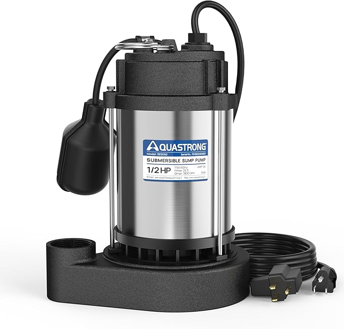 AQUASTRONG 1/2 HP Sump Pump Submersible, 3830 GPH Stainless Steel and Cast Iron Sump Pump, Automatic Float Switch with Piggy-back Plug,1-1/2" NPT Discharge Subpumps for Basement and Flooding Area