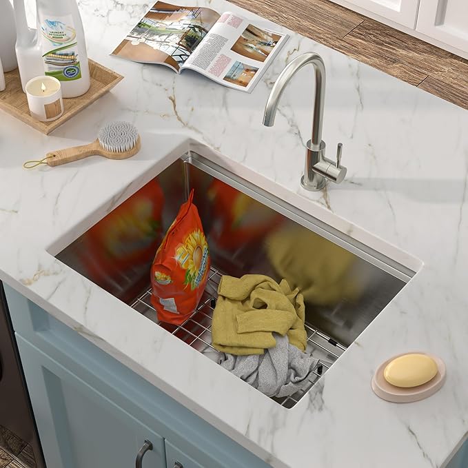 24"x18" Undermount Laundry Utility Sink Workstation – 16 Gauge 304 Stainless Steel, 13 Inch Deep Single Bowl Under Counter Sink Basin for Laundry Room, RV or Utility Use