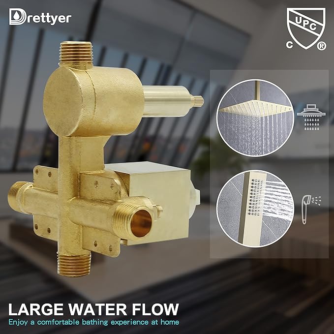 2 Way Outlet Shower Diverter Valve, Drettyer 2 Handle Shower Mixer Rough Brass Valve Kit Replacement in Brushed Gold