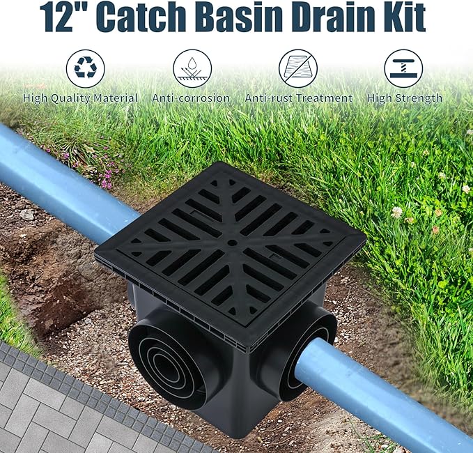 Upgrade 12-Inch Catch Basin Drainage Kit with Debris Basket Strainer, 4 Size (2", 3", 4-3/8", 6-3/8") Pipes for Garden, Yard, Lawns, Outdoor (2 Pack)