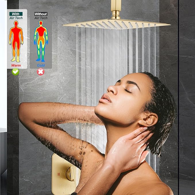 Heyalan Shower Faucet Set Square Stainless Steel Bathroom Rainfall Shower System One Handle Single Function Shower Trim Kit with Rough-in Valve Male Thread,Ceiling Mount,12 Inch,Brushed Gold