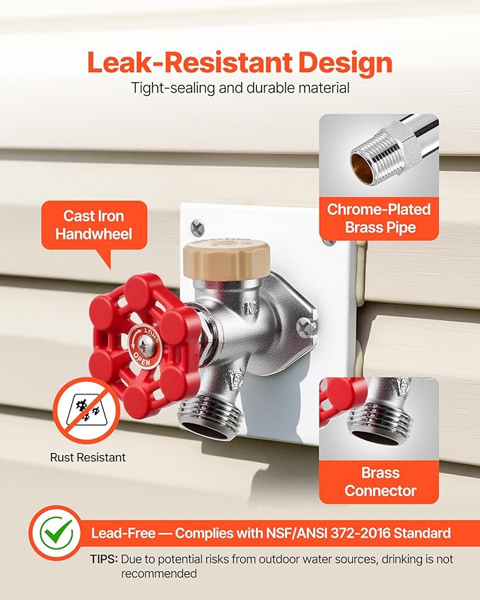 VEVOR Anti-Siphon Frost-Proof Sillcock, 12" Freeze Proof Outdoor Faucet Bib with Backflow Preventer, 1/2" Push-to-Fit Connector X 3/4" Hose Bibb, No Lead Frost-Free Spigot for PEX Copper CPVC Pipes