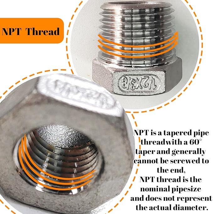 2 Pcs Stainless Steel Bushing 1/2" Male to 3/8" Female, 1/2" to 3/8" NPT Adapter Hex Stainless Steel Reducing Pipe Adapter Fitting Pipe Hose Tube Adapter Convert
