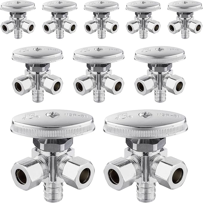 (Pack of 10) Seelink Multi-Turn Dual Outlet Angle Stop Valve, 1/2" Pex Crimp F1807 Pipe Inlet x (3/8 inch x 3/8 inch) Compression Outlets, Chrome Plated Brass