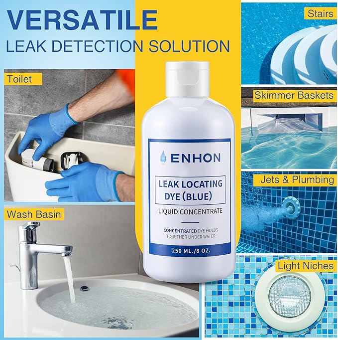 Enhon Pool Leak Detection Dye Kit, 8 oz Blue Dye with Precision Applicators, Easily Locates Leaks in All Pools, Spas, Hot Tubs, Long Lasting Formula, 40+ Refills