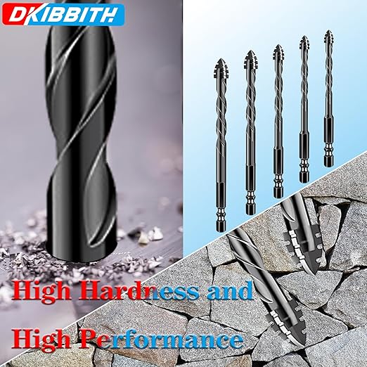 DKIBBITH 4-Flute Serrated Masonry Drill Bit Set 5-Piece Black- 3/16",1/4",5/16",3/8" to 1/2" for Concrete, Tile, Brick, Glass, Ceramic.