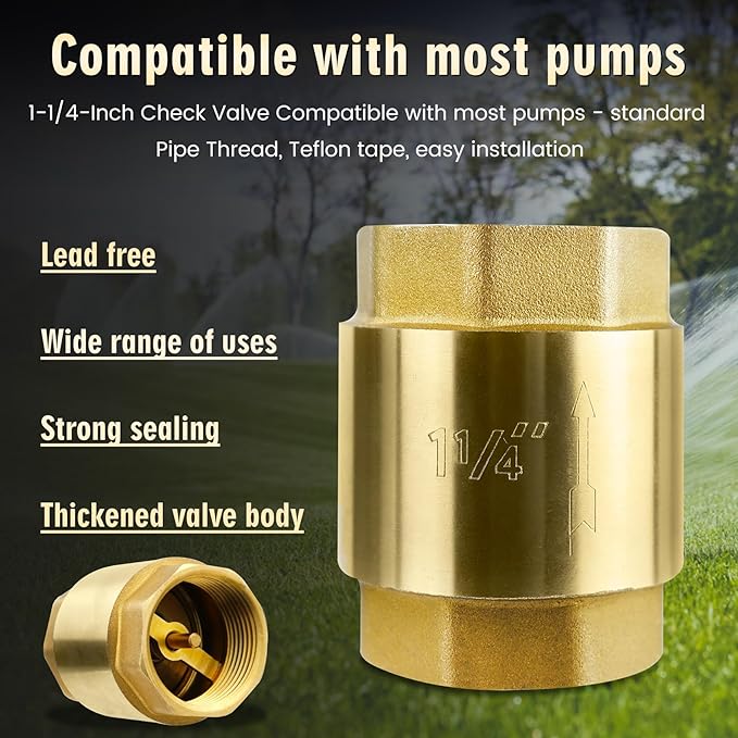 1 1/4-Inch Check Valve,Female NPT,No-Lead Brass,Female Pipe Thread Compatible with Most Pumps,Silent Check Valve,Prevents Backflow in Well or Irrigation Systems