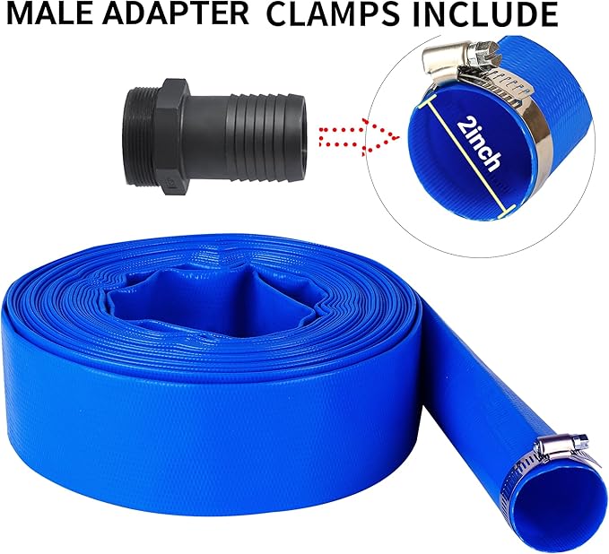 2" (Flat 3.4’’ width) x 50 FT Pool Backwash Hose Kit with Male NPT Adapter, Blue Reinforced Pool Drain Discharge Hose for Swimming Pool Filter Pump,with 2 Clamp and Thread Seal Tape