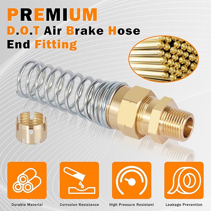 12Pcs Brass 1/2” DOT Air Hose Fittings with Spring Guards, Male Connector Air Brake Hose End Fittings with Fitting Sleeve Tubes, 50 Inch 1/2” SAE J1402 Air Brake Hose for Semi Truck