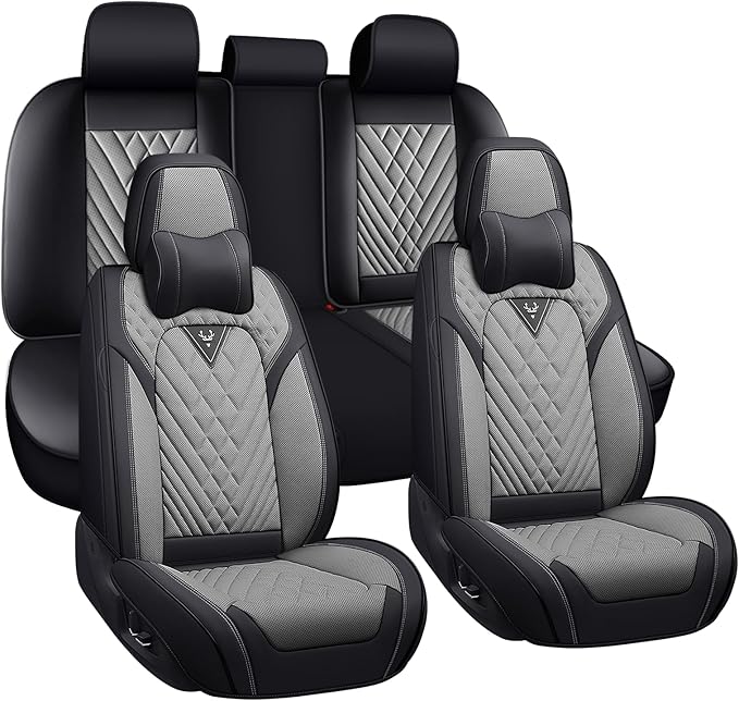 Car Seat Covers for Jaguar E-PACE 2018-2024,Breathable Nappa Leather Car Seat Protector,Full Seat Cover with Pillow Automotive Seat Cushion with Airbag Compatible(5 Seats,Black-Gray)