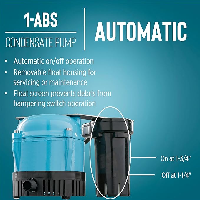 Little Giant 1-ABS 230-volt, 50/60 Hz, 1/150 HP, 205 GPH Automatic Shallow Pan Condensate Removal Pump for Ceiling Mounted Air Conditioners or Dehumidifiers, Black/Blue, 550532