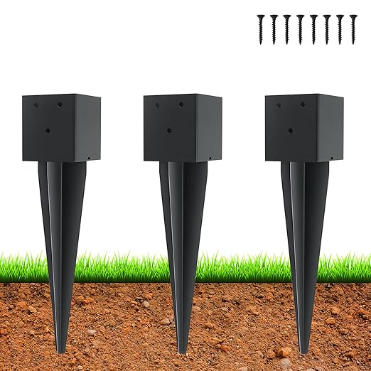 3 Pcs 4"x4" Fence Post Anchor Ground Spike,(Internal 3.6"x3.6"),Metal Post Stake Ground 16" with Black Powder-Coated,Fence Stakes Post Base for Deck,Fence,Porch,Railing,Mailbox