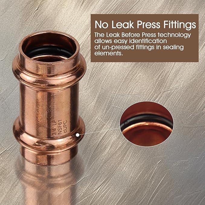 Copper Press Fittings 1/2inch Copper Coupling with Stop&Copper 90 degree Elbow with 1/2”PxP&1/2"Coppers Press Tee Fitting,6PKPress Fittings Coupling+6PK 90 Degree Elbow+3PK Coppers Tee Fitting,OD 5/8"