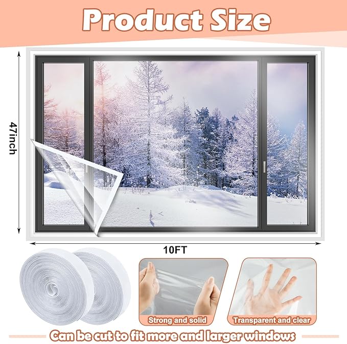 47 Inch x 10 ft Window Insulation Kit Cuttable Transparent Film with Adhesive Straps Reusable Window Plastic for Winterizing Thicken Thermal Waterproof Attic Insulation Cover Warm Winter