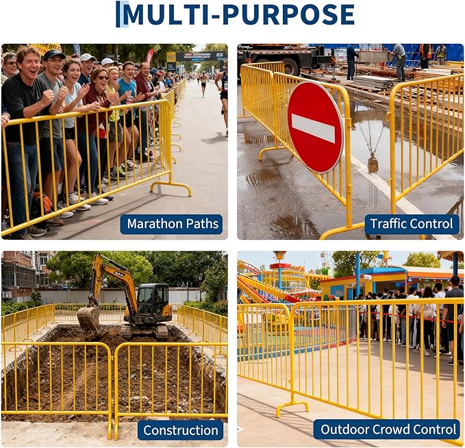Interlocking Steel Barricade, 5.5 Ft. Heavy Duty Galvanized Metal Barricade, Interlocking Steel Road Barriers with with Bridge Feet Base, for Crowd Control Event Fencing Indoor/Outdoor, Yellow