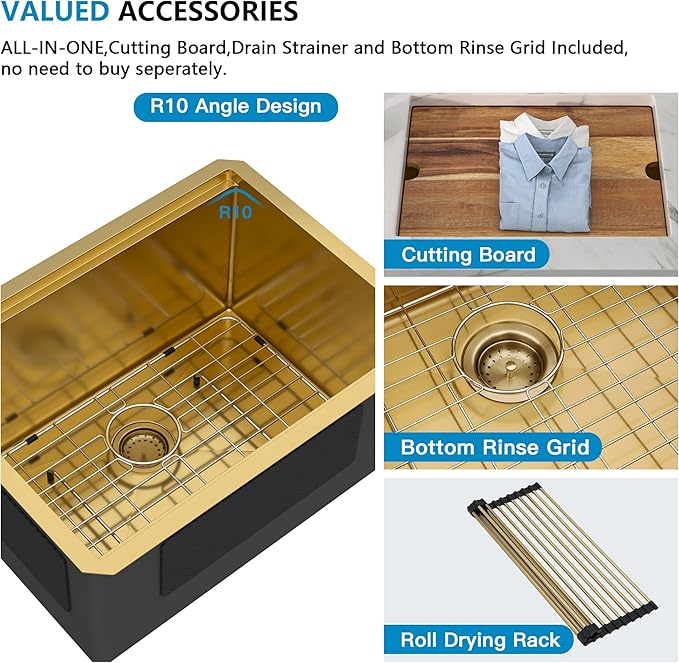 24"x18" Undermount Laundry Utility Sink Workstation – Brushed Gold NANO-PVD, 16 Gauge 304 Stainless Steel, 12 Inch Deep Single Bowl Basin for Laundry Room, RV or Utility Use
