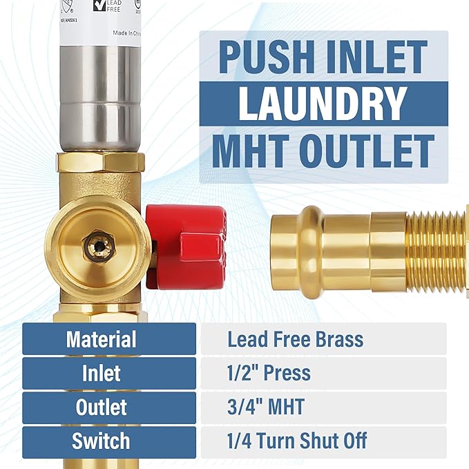 Press Washing Machine Outlet Box with Stainless Steel Water Hammer Arrestor, with Center Drain, 1/2 Inch Press x 3/4 Inch MHT, Washer Faucet Recessed Box, Laundry Washer Valve Outlet Box