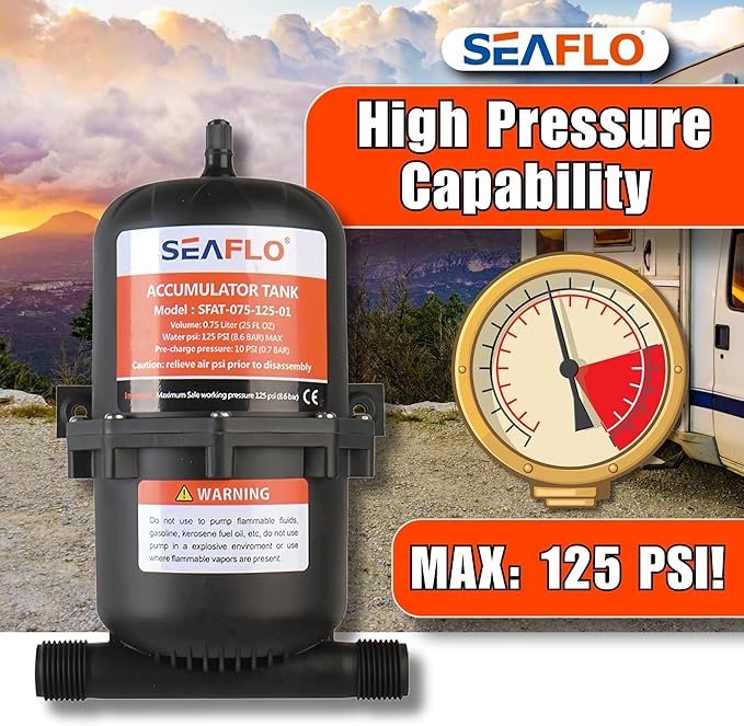 SEAFLO Accumulator Tank Water Pump Flow Control with Internal Bladder - 125 PSI, 23.5 oz (0.75 L) | Reduces Pump Cycling and Smooths Water Flow for Marine, RV, and Off-Grid Systems