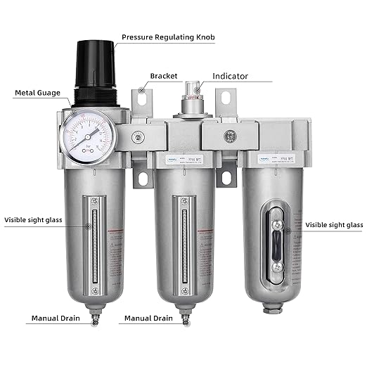 NANPU 1/2" NPT Industrial Grade 3 Stage Air Drying System - Particulate Filter, Coalescing Filter, Desiccant Dryer & Air Regulator, Metal Bowl, Manual Drain, Suitable for Paint Spray＆ Plasma Cutter