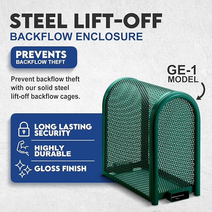 Steel Protection Backflow Preventer Security Cage for Outside - Small - Green - Guardian Enclosures - Cage Dimensions, Internal 11 1/8″ W x 24″H x 23″ L, External 13 3/8″ W x 24″ H x 27 3/8″ L