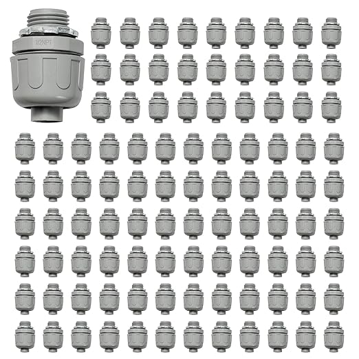 Conduit Connectors, 1/2 Inch Liquid Tight Connector NPT Non-Metallic for PVC Electrical Flexible Conduit Fittings, 180 Degree Straight, UL Listed for Home Outdoor Tubes Tools, Grey (100-Pack)