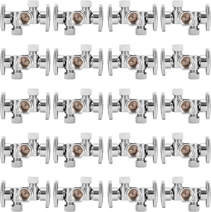 20-PCs HeSun Dual Shut Off Angle Valve, 1/2" FIP x 3/8" OD x 3/8" OD Compression, 1/4-Turn Stop Valve with 2 Shut Offs, PEX Chrome Plated Brass(VALVE140-20)