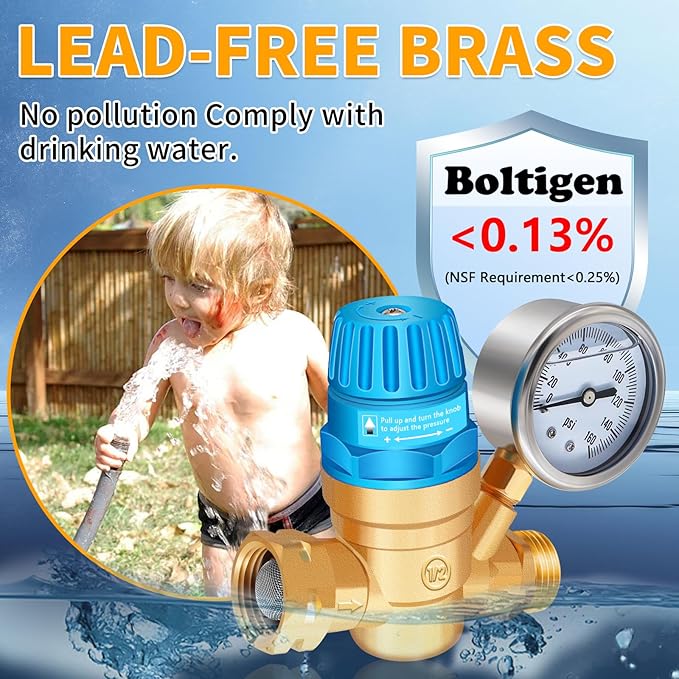 Boltigen Handle Adjustable RV Water Pressure Regulator, 3/4’’ GHT Brass Lead-Free RV Fresh Water Hose Pressure Regulator Valve with Gauge for RV Camper Trailer, Pressure Reducer Valve