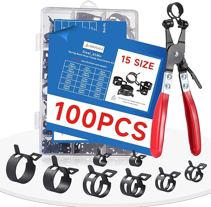100Pcs 6-25mm Spring Hose Clamps Assortment Kit with Swivel Flat Hose Clamp Plier for Automotive, Plumbing & DIY Projects - Durable Constant Tension Steel Design for Low Pressure Air
