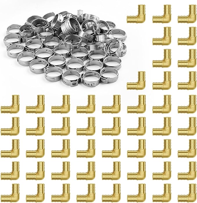 VEVOR Pipe Fittings, 3/4" 50PCS Brass Pipe Fittings, Clamp-style Elbows Pipe Connector Brass Air Fittings, Heavy Duty Plumbing Fittings Tube Adapter for Heating/Shower Systems,Outdoor Water Pipes