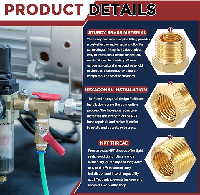 Pack of 3, 1" Male NPT to 3/4" FeMale NPT Solid Brass Hex Bushing, Hose Fittings Adapter Threaded Reducer Heavy Duty for Pipe Leak Repair, Bathroom Remodel, Compression