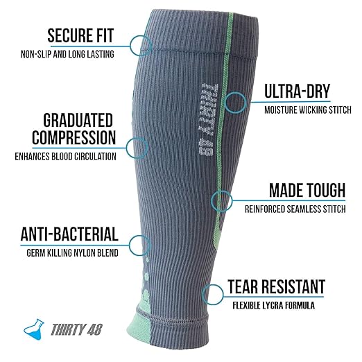 Thirty48 - "The Sock Geeks", Cp Series Calf/Shin Splint Guard Graduated Compression Sleeves-Sock; 1 Pair,Gray/Green ,Small