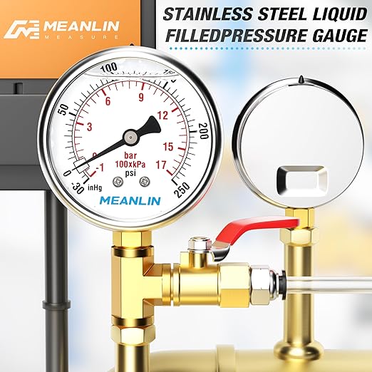 MEANLIN MEASURE -30inHG~250Psi Stainless Steel 1/4" NPT 2.5" FACE DIAL Vacuum Pressure Gauge, Lower Mount, with 1/4" x 1/2" NPT and 1/4" x 3/8" NPT Hex Bushing