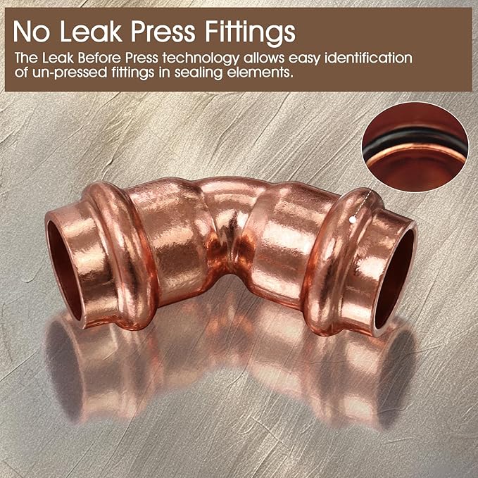 Copper Press Fittings,1/2 inch Copper Coupling 45 Degree Elbow Coupling Zero Lead PxP 1/2 inch x 1/2 inch,12PCS 45-Degree Elbow with 1/2-Inch for Plumbing,OD 5/8”,Use with Hydraulic Press Fitting Tool