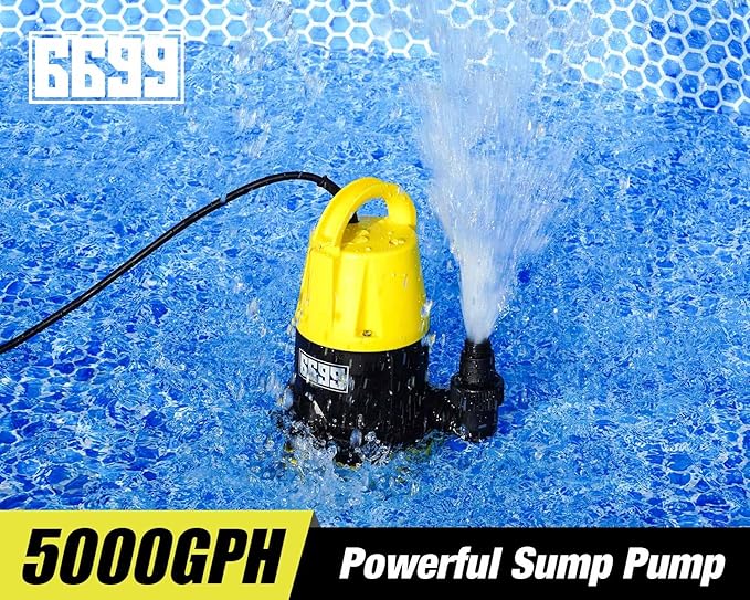 Submersible Sump Pump 5000GPH High Flow with 25FT x 1-1/2” Discharge Hose Drain Water Pump Kit 1HP Portable Utility Pump Easy to Use for Flooded Basement Rain Barrel