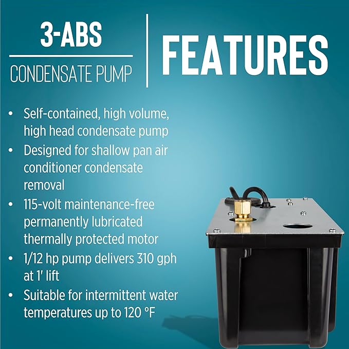 Little Giant 3-ABS 1/12 HP, 115 Volt, 310 GPH Automatic Shallow Pan Condensate Removal Pump with Condensate Collection Tank, Black/Blue, 551320