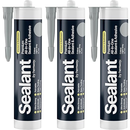 Light Gray Kitchen & Bathroom Sealant & Adhesive Hybrid Polymer | Superior to Silicone Caulk Sealant | Waterproof, Odorless, Paintable | Ideal for Around Bathtub, Shower, Kitchen - 300ml 3 Pack