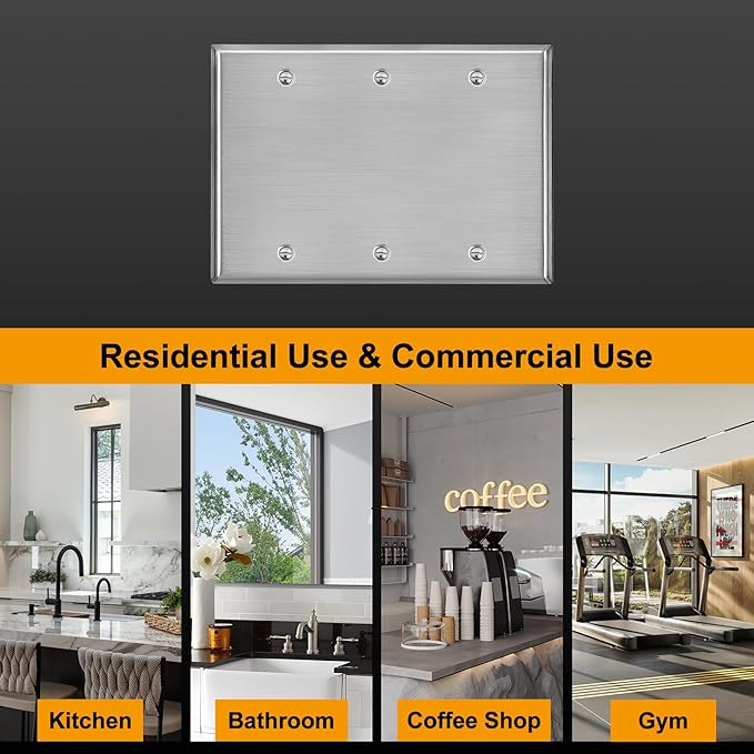 BESTTEN 4-Gang Blank Metal Wall Plate with Ｗhite or Clear Plastic Film, Corrosion-Resistant No Device Stainless Steel Outlet Cover, Standard Size, Brushed Finished, H4.53” x W8.23”