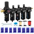 3/8'' NPT 5 Stage Air Dryer for Compressor, 5 &0.5 &0.01 Micron Filter Cartridge Air Drying System,Double Desiccant Dryers & Air Regulator,Metal Bowl, Semi-Auto Drain,Industrial Grade-Black