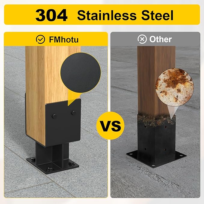 4"x 4" Concrete Post Base, 4Pcs Stainless Steel Adjustable Post Anchor Bracket (Internal 3.5 x 3.5), U-Shape Wood Post Base Holder for Pavilion Deck Porch Handrail Railing Support