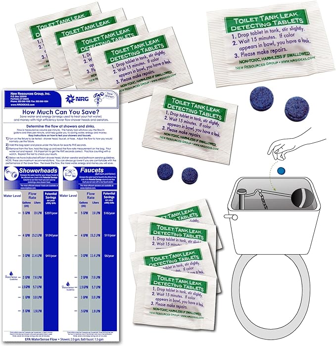 Flow Gauge Measuring Bag & Toilet Leak Detecting Tablets. Water saving for shower and faucet. 20 Dye tablets for bathroom Toilet Leak Detecting detect silent leaks